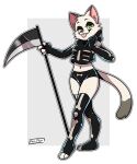  anthro armwear bottomwear clothed clothing costume digital_drawing_(artwork) digital_media_(artwork) domestic_cat eyeshadow felid feline felis female green_eyes halloween halloween_costume hi_res holidays legwear looking_at_viewer makeup mammal melee_weapon pattern_clothing pattern_legwear polearm scythe simple_background skeleton_costume smile solo stockings tongue weapon ziggy_fox 