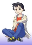  1boy absurdres android atom_(pluto) black_hair blue_pants brown_eyes commentary_request gradient_background happy highres kaneko_naoya looking_at_viewer pants pluto_(manga) red_shirt shirt short_hair sitting smile solo white_background 