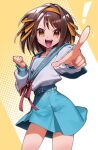  1girl :d belt blue_belt blue_sailor_collar blue_skirt brown_eyes brown_hair cowboy_shot ddeenn hairband highres kita_high_school_uniform orange_hairband pointing reaching reaching_towards_viewer sailor_collar school_uniform serafuku skirt smile solo standing suzumiya_haruhi suzumiya_haruhi_no_yuuutsu v 