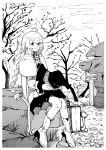  1girl absurdres ahoge boots braid braided_ponytail coat dress english_commentary english_text engrish_text greyscale hat hat_removed headwear_removed highres long_hair long_sleeves looking_at_viewer masruu monochrome mushoku_tensei outdoors ranguage roxy_migurdia sign sitting smile solo suitcase tree very_long_hair 