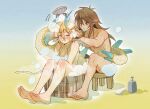  1boy 1girl blonde_hair breasts bucket completely_nude dragon_girl dragon_horns dragon_tail hair_tie hair_tie_in_mouth highres horns light_dragon_(zelda) link mouth_hold nude pointy_ears princess_zelda scar short_hair shower_head shuo_yue sitting soap_bubbles stool tail the_legend_of_zelda the_legend_of_zelda:_tears_of_the_kingdom washing_another wet wooden_bucket 