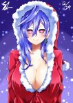  1girl blue_hair breasts christmas_tree_earrings happy hat highres iris_heart kami_jigen_game_neptune_v kurozero large_breasts long_hair looking_at_viewer neptune_(series) power_symbol red_eyes santa_costume santa_hat smile solo symbol-shaped_pupils upper_body very_long_hair 