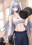  1girl absurdres bare_arms bare_shoulders blue_eyes blue_pants breast_tattoo breasts cleavage collarbone commentary cowboy_shot crop_top dumbbell ethel_(xenoblade) exercise grey_hair highres indoors large_breasts long_hair looking_at_viewer mari48240422 midriff navel pants parted_lips solo sports_bra standing stomach tattoo very_long_hair weightlifting xenoblade_chronicles_(series) xenoblade_chronicles_3 