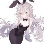  absurdres animal_ears bare_shoulders black_bow black_bowtie black_pantyhose bow bowtie breasts brown_eyes chinese_commentary collarbone commentary_request covered_navel cowboy_shot detached_collar fake_animal_ears from_above girls&#039;_frontline grey_hair hair_between_eyes head_tilt highres long_hair long_yue_(sskylarks) looking_at_viewer pantyhose parted_lips playboy_bunny rabbit_ears scar scar_across_eye simple_background small_breasts thigh_gap ump45_(girls&#039;_frontline) very_long_hair white_background wrist_cuffs 