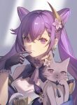  1girl absurdres black_gloves cat chinese_commentary choker closed_mouth commentary_request cone_hair_bun fan_qing finger_to_own_chin flower frown genshin_impact gloves hair_between_eyes hair_bun hair_flower hair_ornament hand_up highres keqing_(genshin_impact) looking_at_viewer purple_choker purple_eyes purple_hair shirt sleeveless sleeveless_shirt solo tassel twintails upper_body white_shirt 