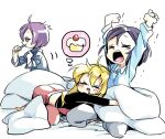  &gt;_&lt; 3girls blonde_hair brushing_teeth drooling fortress_(sekaiju) fortress_2_(sekaiju) hug medic_(sekaiju_4) medic_2_(sekaiju_4) multiple_girls open_mouth pajamas purple_hair sekaiju_no_meikyuu sekaiju_no_meikyuu_4 stretching suno_(imydream) swordsman_(sekaiju_4) swordsman_2_(sekaiju_4) thought_bubble waking_up 