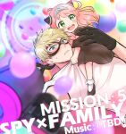  1boy 1girl anya_(spy_x_family) asgykk black_dress black_mask blonde_hair child copyright_name dress father_and_daughter green_eyes gun hair_between_eyes hair_ornament hairpods holding holding_gun holding_weapon long_hair mask pink_hair shirt short_hair spy_x_family twilight_(spy_x_family) weapon white_shirt 