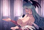  1girl bat_wings breasts bridal_gauntlets commentary demon_girl earrings english_commentary from_side green_eyes green_hair head_wings highres jewelry large_breasts long_hair morrigan_aensland necklace nipples optionaltypo solo topless upper_body vampire_(game) wings 