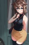  1girl ahoge alternate_costume bag between_breasts black_shirt black_thighhighs blue_eyes braid breasts brown_hair door finger_to_mouth hair_flaps hair_over_shoulder highres jewelry kantai_collection medium_breasts necklace shiba_(zudha) shigure_(kancolle) shigure_kai_san_(kancolle) shirt shoulder_bag single_braid sleeveless sleeveless_shirt solo strap_between_breasts thighhighs turtleneck 