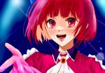  1girl :d arima_kana ascot blush collared_shirt frilled_sleeves frills gloves idol idol_clothes looking_at_viewer no_pupils open_mouth oshi_no_ko pink_gloves rain_tabaru0716 reaching reaching_towards_viewer red_brooch red_eyes red_hair red_shirt shirt short_hair smile solo sweat teeth twitter_username upper_body white_ascot 