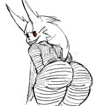  anthro big_butt black_sclera butt cheek_tuft facial_markings facial_tuft female ghost head_markings kon_(scared_bum) looking_at_viewer looking_back looking_back_at_viewer markings rear_view red_eyes scared_bum simple_background sleep_paralysis_demon smile solo spirit striped_body stripes thick_thighs tuft white_background wide_hips 
