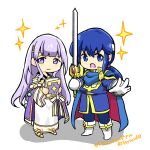  1boy 1girl blue_eyes blue_hair book brother_and_sister chibi circlet fire_emblem fire_emblem:_genealogy_of_the_holy_war headband holding holding_book holding_sword holding_weapon julia_(fire_emblem) long_hair looking_at_viewer open_mouth purple_eyes purple_hair seliph_(fire_emblem) siblings simple_background sword tyrfing_(fire_emblem) weapon white_headband yukia_(firstaid0) 