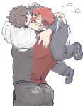  2boys arms_around_neck ass bara black_pants blush carrying carrying_over_shoulder carrying_person couple feet_out_of_frame glasses heart hug hug_from_behind kekkai_sensen kiss klaus_von_reinhertz leonardo_watch long_sideburns male_focus mature_male multiple_boys muscular muscular_male mutton_chops nore_(boosuke) pants red_hair semi-rimless_eyewear short_hair sideburns size_difference tusks vest yaoi 