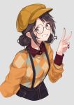  1girl absurdres black_hair blue_eyes blue_nails blush collared_shirt double_bun glasses grin hair_bun hanetsuka hat highres idolmaster idolmaster_shiny_colors looking_at_viewer mitsumine_yuika nail_polish orange_sweater red_shirt shirt smile solo suspenders sweater upper_body v 