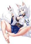  1girl absurdres animal_ear_fluff animal_ears azur_lane bare_legs barefoot blue_eyes blue_skirt breasts cleavage collarbone commentary_request expressionless feet fox_ears fox_girl fox_mask fox_tail full_body hakama hakama_short_skirt hakama_skirt highres holding holding_mask iwashi_(nisankatanso) japanese_clothes kaga_(azur_lane) kimono kitsune kyuubi large_breasts long_sleeves looking_at_viewer mask multiple_tails pleated_skirt red_eyeliner sakuramon short_hair simple_background sitting skirt solo spread_legs tail toes white_background white_hair white_kimono white_tail wide_sleeves 