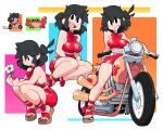  1girl black_hair black_nails bow bowtie breasts crab flower highres holding holding_flower looking_at_viewer lucia_(scott_malin) medium_breasts midriff motor_vehicle motorcycle multiple_views navel open_mouth original red_bow red_bowtie red_ribbon red_skirt ribbon sandals scott_malin sitting skirt squatting white_flower 