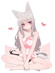  1girl animal_ears bare_arms bare_legs bare_shoulders barefoot closed_mouth commentary_request copyright_request floral_print grey_hair hair_between_eyes head_tilt long_hair looking_at_viewer outline pink_background pink_tank_top red_eyes shako_(syakoba3) sitting smile solo tail tank_top two-tone_background very_long_hair white_background white_outline 