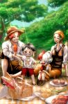  2boys 2girls bandana black_hair closed_eyes food full_body green_hair hair_over_one_eye hat head_scarf headphones long_hair looking_at_viewer makino_(one_piece) medium_hair monkey_d._luffy multicolored_hair multiple_boys multiple_girls nanapoy one_eye_covered one_piece one_piece_film:_red open_mouth picnic red_hair shanks_(one_piece) short_hair sitting smile straw_hat tree two-tone_hair uta_(one_piece) 