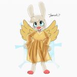 angel_gabby anthro blue_sclera clothing dialogue feathered_wings feathers female hands_on_hips hare lagomorph leporid mammal robe simple_background solo sp4gh3tt1 speech_bubble standing translucent translucent_clothing white_body wide_hips wings 
