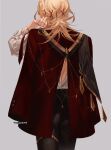  1boy artist_name back_cutout black_pants blonde_hair braid cape clothing_cutout commentary cowboy_shot english_commentary facing_away from_behind genshin_impact gold_trim grey_background hair_ornament hand_up highres kaveh_(genshin_impact) long_hair long_sleeves male_focus pants red_cape shirt simple_background single_braid solo standing white_shirt x_hair_ornament yuelight 