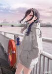  1girl bare_legs black_hair blush boat braid can copyright cowboy_shot daluto_(hitomi555) from_side highres holding holding_can ichinose_uruha looking_up multicolored_hair parted_lips purple_eyes side_braid solo streaked_hair sweater virtual_youtuber vspo! watercraft watermark zipper 