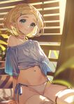  1girl bare_shoulders blonde_hair blue_shirt blush bracelet braid closed_mouth crown_braid earrings green_eyes hair_ornament hairclip highres indoors jewelry looking_at_viewer navel off_shoulder panties parted_bangs pointy_ears princess_zelda shirt short_hair shuri_(84k) side-tie_panties sitting smile solo sweat the_legend_of_zelda the_legend_of_zelda:_breath_of_the_wild the_legend_of_zelda:_tears_of_the_kingdom thick_eyebrows thighhighs tied_shirt underwear white_panties white_thighhighs 