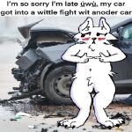  ambiguous_gender anthro awkward blush blush_lines car car_crash dialogue dialogue_box embarrassed hi_res lolscarletxi looking_away meme paws photo_background photography_(artwork) solo standing vehicle 
