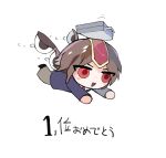  1other androgynous blue_jacket blush_stickers briefcase brown_hair brown_pants chibi collared_shirt commentary_request favnvs_(s910a_ib6) flying headpiece jacket kokutenshi_hibaru len&#039;en necktie object_on_head open_mouth other_focus pants red_eyes red_headwear red_necktie shirt short_hair simple_background smile solo translation_request v-shaped_eyebrows white_background white_shirt wings 