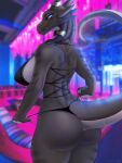  2023 anthro artist_name blue_eyes blurred_background breasts chia_mio clothing digital_media_(artwork) female fingers hi_res horn inside looking_at_viewer non-mammal_breasts scales scalie solo 