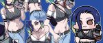  1girl :3 ass bare_shoulders bent_over between_breasts black_choker blue_background blue_hair blush_stickers bob_cut breasts brown_eyes camera chibi choker cleavage closed_mouth collarbone commentary crop_top denim grey_shirt groin hair_between_eyes hand_on_own_hip holding holding_camera jazz_jack jeans large_breasts looking_at_viewer midriff multiple_views navel off-shoulder_shirt off_shoulder pants perrin_(pokemon) pokemon pokemon_(game) pokemon_sv ribbed_shirt shirt short_sleeves sleeveless sleeveless_shirt smile standing strap_between_breasts undershirt watch wristwatch 
