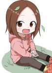  1girl absurdres blush brown_eyes grass green_shirt highres hood hood_down hoodie inaba_mifumi karakai_jouzu_no_takagi-san leaf long_sleeves nishikata_chii open_mouth orange_footwear own_hands_together pants parted_bangs pink_hoodie shirt shoes sitting socks solo tassel yellow_socks 