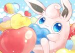  asakirirokuyu balloon blue_background blue_eyes closed_mouth commentary_request heart heart_balloon holding holding_balloon looking_at_viewer no_humans pokemon pokemon_(creature) rainbow simple_background smile solo star_(symbol) two-tone_background white_background wigglytuff 