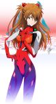  1girl blue_eyes bodysuit breasts brown_hair evangelion:_3.0_you_can_(not)_redo eyepatch hair_over_one_eye hand_on_own_hip highres interface_headset long_hair marco_albiero multicolored_bodysuit multicolored_clothes neon_genesis_evangelion plugsuit rebuild_of_evangelion signature skin_tight solo souryuu_asuka_langley v 