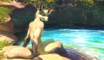  2023 abs anthro athletic athletic_male azuza back_muscles canid canine day detailed_background dipstick_ears fox fur gloves_(marking) hi_res inner_ear_fluff looking_at_viewer male mammal markings multicolored_ears nude outside partially_submerged plant pond sitting solo tan_body tan_fur tuft water 