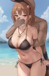  1boy 1girl absurdres atelier_(series) atelier_ryza atelier_ryza_1 beach bikini black_bikini black_hairband black_male_swimwear blue_sky braid breasts brown_eyes brown_hair chloroform cleavage cloud collarbone covering_mouth dangle_earrings dark-skinned_male dark_skin earrings grabbing grabbing_from_behind hair_ornament hairband hairpin hand_over_another&#039;s_mouth highres holding_cloth jewelry kidnapping large_breasts male_swimwear memmemme navel necklace ocean outdoors reisalin_stout restrained short_hair side-tie_bikini_bottom sky star_(symbol) star_earrings star_necklace swimsuit 