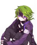  1boy bandaged_chest black_hair black_pants coat eyeliner green_hair hair_between_eyes highres hugging_own_legs knees_up komatta_nagito long_sleeves looking_at_viewer makeup male_focus master_detective_archives:_rain_code multicolored_hair open_clothes open_coat open_mouth pants piercing purple_eyes short_hair sitting solo streaked_hair symbol_in_eye vivia_twilight 