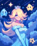  1girl aqua_dress bare_shoulders blonde_hair blue_eyes blush brooch cloud cloudy_sky collarbone crown dress earrings hair_over_one_eye itzah jewelry long_hair long_sleeves luma_(mario) mario_(series) night night_sky off-shoulder_dress off_shoulder pixel_art rosalina sky star_(sky) star_(symbol) star_brooch star_earrings star_wand starry_sky wand 