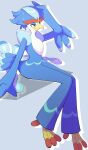  2023 7m2cdmrlghw8ksv_(artist) ambiguous_gender anthro avian beak blue_body blue_eyes blue_feathers chest_tuft feathered_crest feathers generation_9_pokemon hand_on_head head_crest hi_res looking_away markings nintendo pokemon pokemon_(species) quaquaval resting silhouette simple_background sitting smile solo tail_feathers talons tuft winged_arms wings yellow_beak 