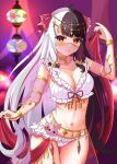  1girl black_hair breasts cleavage emobico gold_choker gold_trim hair_ornament harem_outfit highres long_hair mouth_veil multicolored_hair navel nijisanji pink_hair pink_nails rabbit_hair_ornament red_eyes smile solo streaked_hair two-tone_hair veil virtual_youtuber white_hair yorumi_rena 