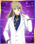  1boy blonde_hair coat gloves hair_between_eyes hand_on_hip idolmaster idolmaster_side-m idolmaster_side-m_growing_stars koron_chris long_sleeves male_focus official_art ponytail smile white_coat white_gloves yellow_eyes 