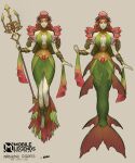  1girl artist_name barefoot breasts character_request cleavage cleavage_cutout clothing_cutout colored_skin commentary copyright_name dough_(doughnath) dress earrings english_commentary facial_mark green_dress green_hair green_skin highres holding_trident jewelry long_dress long_hair medium_breasts mermaid mobile_legends:_bang_bang monster_girl multicolored_hair mushroom pointy_ears polearm red_hair reference_sheet signature trident two-tone_hair wavy_hair weapon wide_hips 