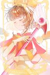  1girl bow brown_hair capelet cardcaptor_sakura closed_eyes copyright_name dress english_text fuuin_no_tsue gloves highres kinomoto_sakura kirameki_0810 red_capelet short_hair smile solo white_dress white_gloves yellow_bow yellow_theme 