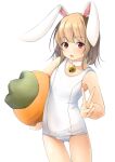  1girl animal_ears ass_visible_through_thighs bell brown_eyes carrot fake_animal_ears flat_chest highres jingle_bell light_brown_hair neck_bell old_school_swimsuit original pillow rabbit_ears school_swimsuit shibacha short_hair simple_background solo standing swimsuit thigh_gap v white_background white_swimsuit 