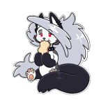  anthro baby bread canid canid_demon collar demon ear_piercing eating female food fur grey_hair hair hellhound helluva_boss loona_(helluva_boss) mammal pawpads paws piercing red_eyes simple_background skeletalheart spiked_collar spikes white_background white_body white_fur young 