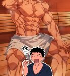  1boy :d ^_^ abs bara censored character_censor closed_eyes domo_(domo_kizusuki) feet_out_of_frame head_out_of_frame highres large_pectorals male_focus muscular muscular_male nipples novelty_censor original pectorals pointing pointing_at_self sauna short_hair sideburns sitting smile stomach sweat thick_thighs thighs topless_male towel_around_waist 