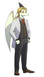  alpha_channel anthro blonde_hair cavemanon clothed clothing dinosaur hair hi_res i_wani_hug_that_gator iadakan long_snout male necktie pterodactylus pterosaur red_eyes reptile scalie simple_background snout solo suit tied_hair transparent_background white_body wings 