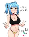  1girl absurdres bare_shoulders black_bra blue_hair blush bra breasts cleavage collarbone cowboy_shot double_v earrings english_text flying_sweatdrops groin hair_ornament hairclip highleg highleg_panties highres hoop_earrings ii_(peps_art) jewelry jitome large_breasts light_blue_hair looking_at_viewer meme nail_polish navel navel_piercing open_mouth orange_eyes original panties paw_print peps_art piercing short_twintails sideboob sidelocks simple_background smile solo sports_bra swept_bangs trembling twintails twitter_strip_game_(meme) twitter_username underwear v white_background 