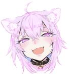  1girl :3 :d ahoge animal_ear_fluff animal_ears black_collar cat_ears cat_girl collar commentary_request cropped_head crossed_bangs double-parted_bangs eyelashes eyes_visible_through_hair fang hair_between_eyes highres hololive lens_flare light_blush looking_at_viewer nekomata_okayu open_mouth portrait purple_eyes purple_hair short_hair sidelocks simple_background slit_pupils smile smug solo virtual_youtuber white_background yuuichi_katou 