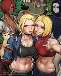  4girls abs animal_on_shoulder arm_around_neck ayaki_d beast_boy_(dc) black_collar blonde_hair blue_eyes blue_jacket blue_mary breasts cammy_white cat collar colored_skin cropped_jacket crossover dark-skinned_female dark_skin dc_comics dog fatal_fury fence fingerless_gloves giovanna_(guilty_gear) gloves grass green_eyes grey_skin groin guilty_gear hair_over_one_eye highres jacket long_neck medium_breasts multiple_crossover multiple_girls navel one_eye_closed poop purple_eyes raven_(dc) red_hair scar scar_on_cheek scar_on_face selfie smile sports_bra street_fighter street_fighter_6 teen_titans the_king_of_fighters toned twitter_username v watermark 