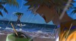  2boys ^_^ alternate_costume arms_up barefoot beach blonde_hair blurry blurry_foreground boku_no_hero_academia casual chinese_commentary closed_eyes coconut_cup collared_shirt depth_of_field dot_nose drinking_straw dutch_angle evening floating_clothes freckles fruit_cup green_hair highres holding holding_clothes holding_shirt horizon male_focus male_swimwear midoriya_izuku multiple_boys ocean open_mouth orange_shirt outdoors pao_jiao_yu_pao_jiao profile rain running shirt short_hair short_sleeves spiked_hair splashing swim_trunks t-shirt teeth upper_teeth_only white_shirt 